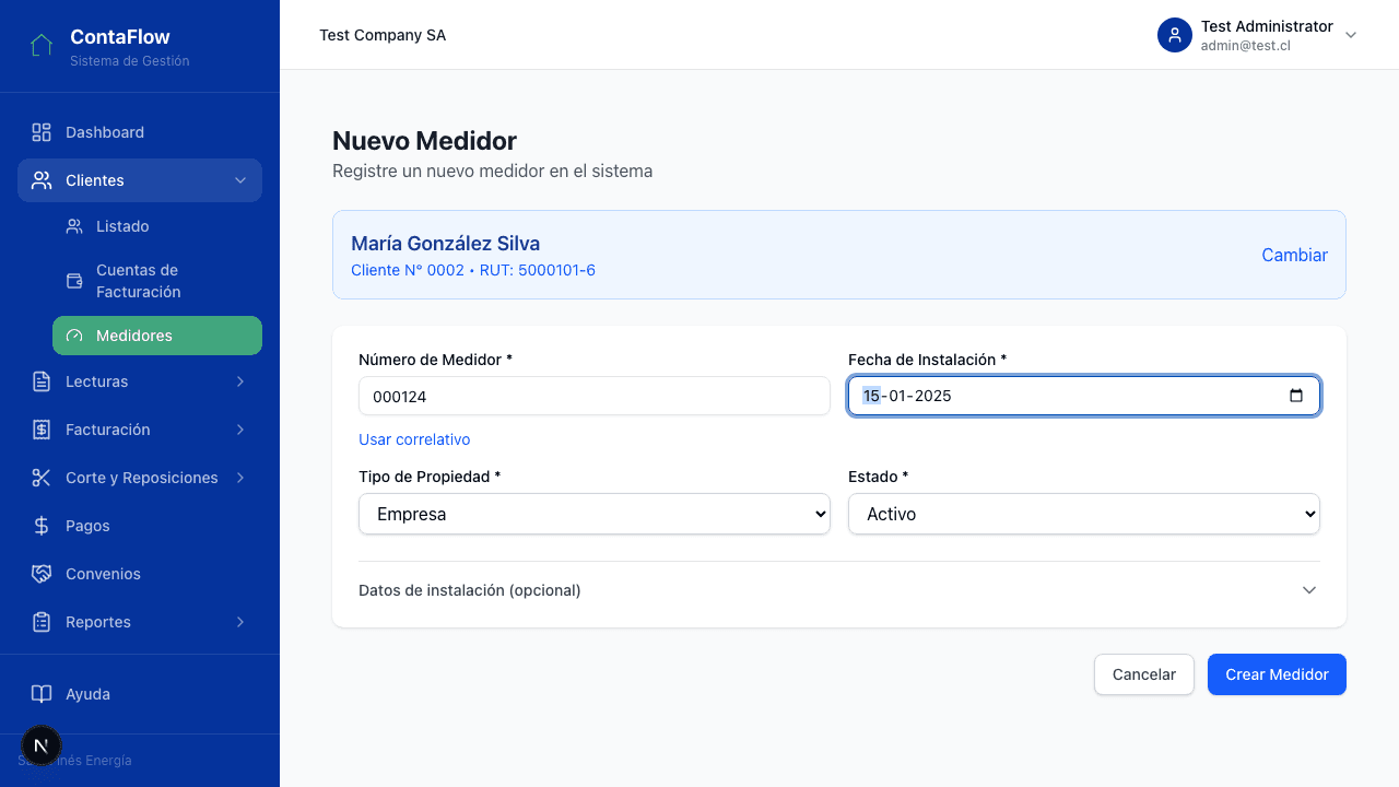 Formulario con datos de medidor