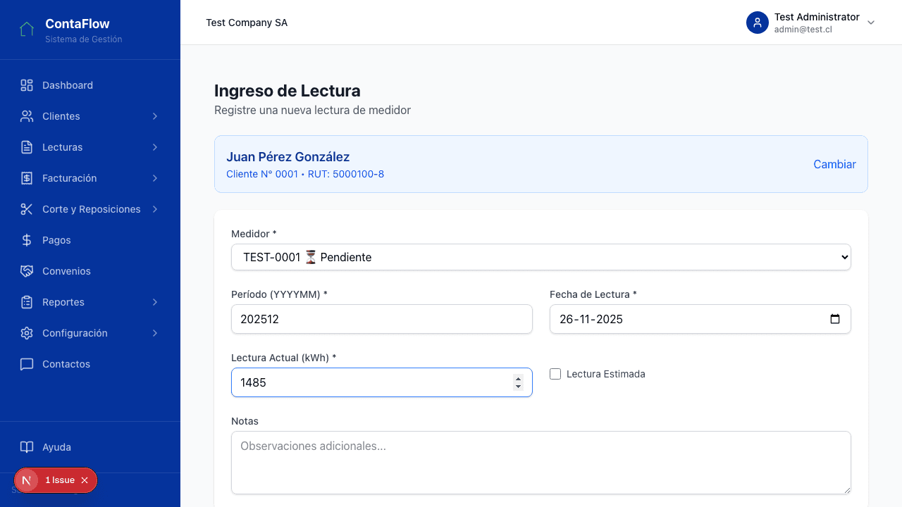 Formulario de ingreso de lectura